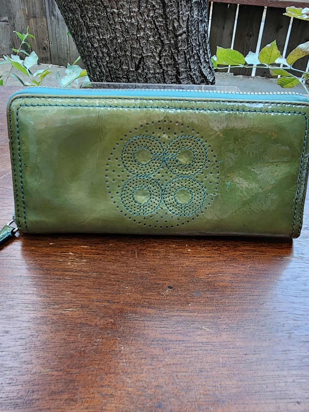Vintage Y2K Coach Audrey Perforated Patent Leather Accordion Zip Wallet Green